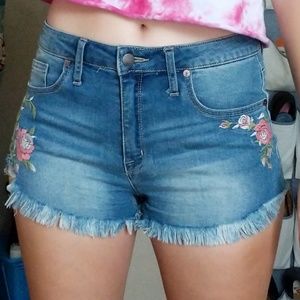 Embroidered Flower Cutoff Jean Shorts